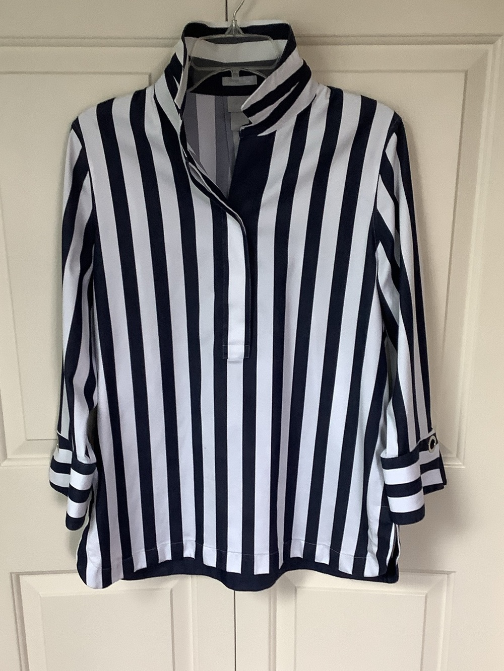 Chico's Navy and White Vertical Stripe Pullover No Iron Shirt.